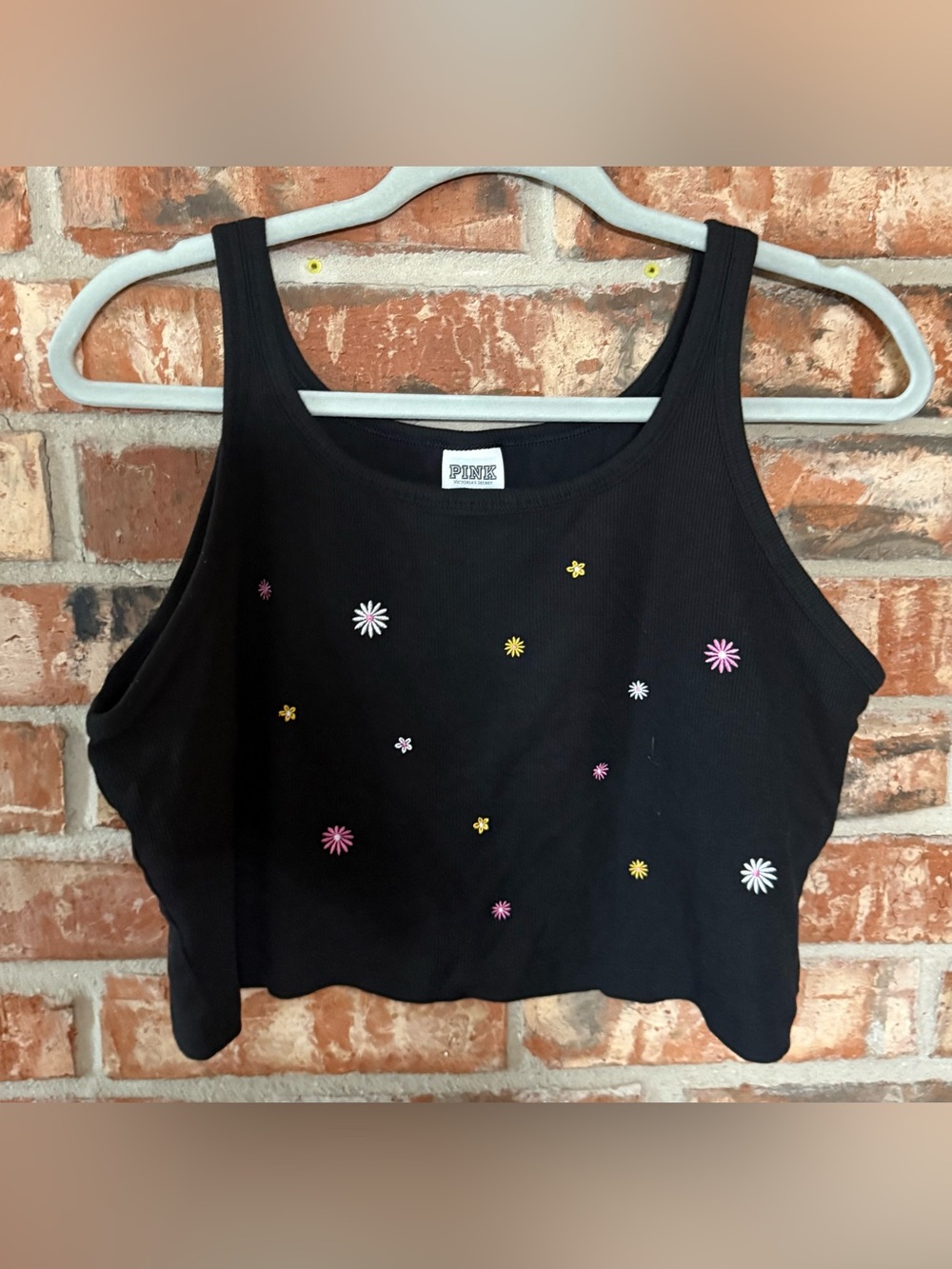 PINK Victoria's Secret Black Cropped Tank with Daisy Embroidery